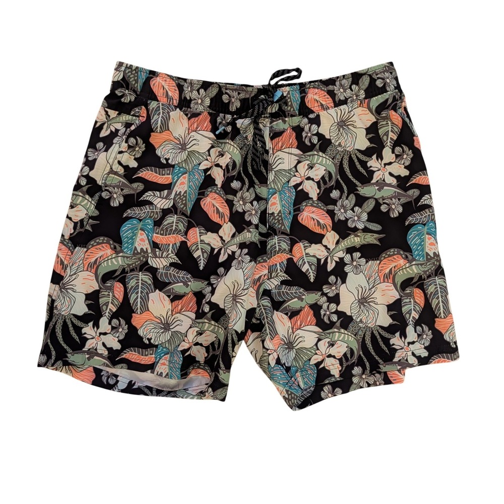 AVID‎ Men's Swim Trunks Tropical Fish Floral Print Black Board Shorts- Size XL